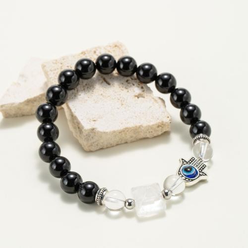 Gemstone Bracelets Obsidian with Clear Quartz & Resin & Zinc Alloy Pyramidal silver color plated fashion jewelry & Unisex mixed colors Sold By PC
