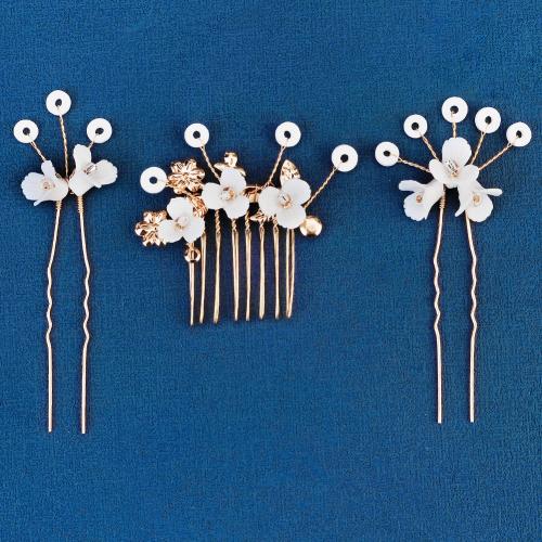 Mixed Hair Accessories Zinc Alloy hair comb & hair stick with Porcelain & Plastic Pearl three pieces & for woman & with rhinestone golden Sold By Set