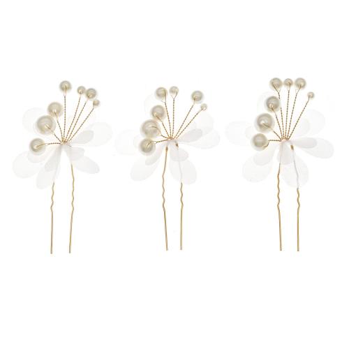 Hair Stick Zinc Alloy with Cloth & Plastic Pearl three pieces & fashion jewelry & for woman golden Sold By Set