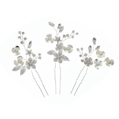 Hair Stick, Brass, with Plastic Pearl, fashion jewelry & for woman & with rhinestone, silver color, 60x125mm, 3PCs/Bag, Sold By Bag