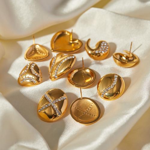 Stainless Steel Stud Earrings 304 Stainless Steel 18K gold plated & for woman & with rhinestone golden Sold By Pair