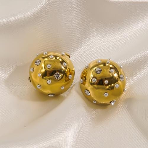 Stainless Steel Stud Earrings 304 Stainless Steel with Plastic Pearl Dome Vacuum Ion Plating fashion jewelry & micro pave cubic zirconia & for woman Sold By Pair