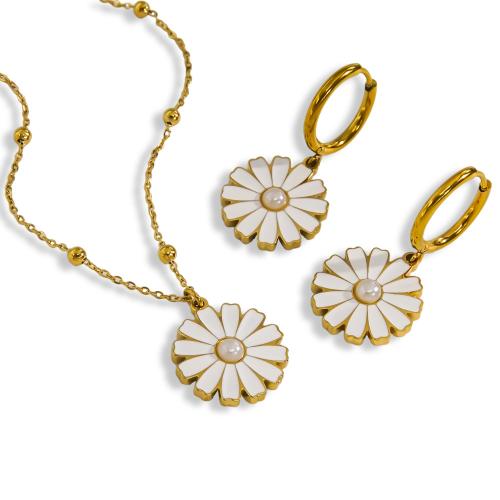 Enamel Stainless Steel Jewelry Set earring & necklace 304 Stainless Steel with Shell Pearl Flower Vacuum Ion Plating fashion jewelry & for woman Sold By PC