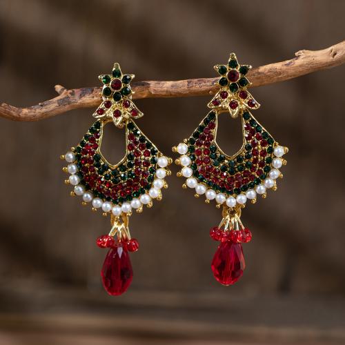 Tibetan Style Stud Earring, with Plastic Pearl, for woman & with rhinestone & hollow, more colors for choice, 68x32mm, Sold By Pair