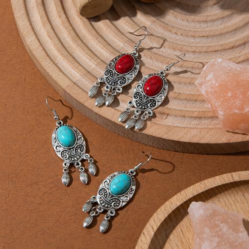 Tibetan Style Drop Earrings, with turquoise, plated, fashion jewelry & for woman, more colors for choice, 60x20mm, Sold By Pair