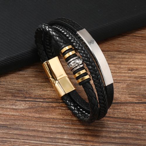 PU Leather Cord Bracelets, Tibetan Style, with PU Leather & 304 Stainless Steel, for man, black, Sold By PC