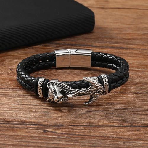 PU Leather Cord Bracelets, Tibetan Style, with PU Leather, plated, for man, black, Sold By PC