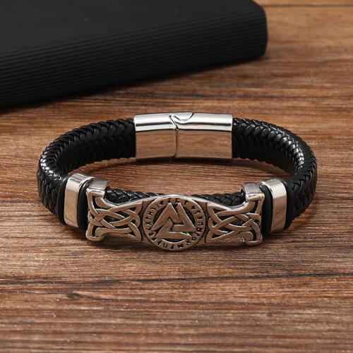 PU Leather Cord Bracelets Zinc Alloy with PU Leather & 304 Stainless Steel plated for man black Sold By PC