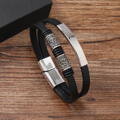 PU Leather Cord Bracelets Zinc Alloy with Magnet & PU Leather & 304 Stainless Steel handmade punk style & for man black Sold By PC