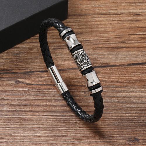 Bracelets cordon PU, alliage de zinc, avec cuir PU & Acier inoxydable 304, fait à la main, pour homme, noire, Vendu par PC