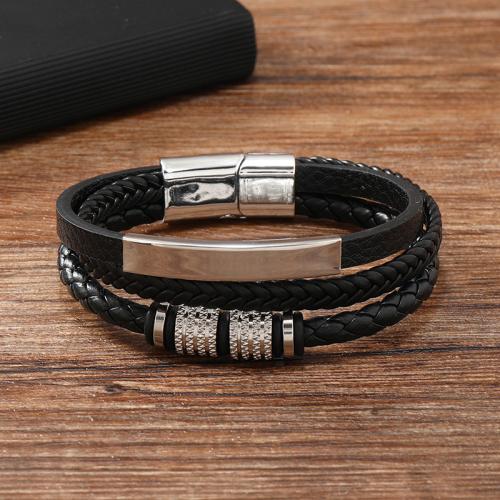 PU Leather Cord Bracelets Zinc Alloy with PU Leather & 304 Stainless Steel handmade for man black Sold By PC