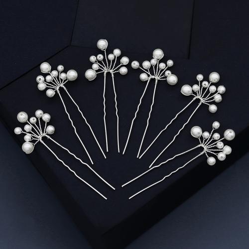 Hair Stick, Brass, with Plastic Pearl, fashion jewelry & for woman, silver color, 85x30mm, 6PCs/Bag, Sold By Bag