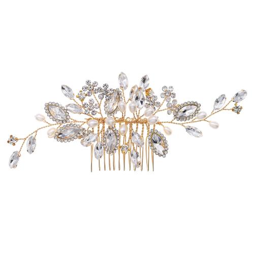 Decorative Hair Combs, Brass, with Plastic Pearl, handmade, fashion jewelry & for woman & with rhinestone, golden, 150x60mm, Sold By PC