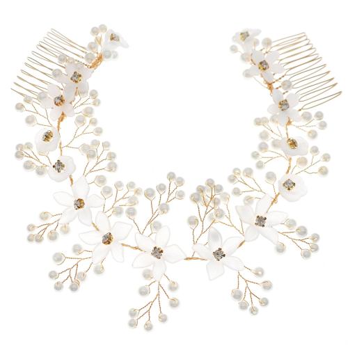 Decorative Hair Combs Zinc Alloy with Plastic Pearl handmade fashion jewelry & for woman & with rhinestone golden Sold By PC