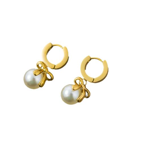 Huggie Hoop Drop Earring 304 Stainless Steel with Plastic Pearl fashion jewelry & for woman golden inside diameter 12mm outside diameter 16mm Sold By Pair