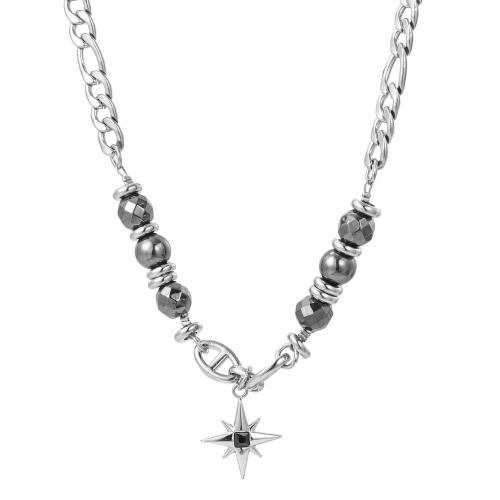 Edelstahl Schmuck Halskette, 304 Edelstahl, mit Obsidian, mit Verlängerungskettchen von 5cm, Acht Point Star, Modeschmuck & für den Menschen, originale Farbe, Länge ca. 55 cm, verkauft von PC