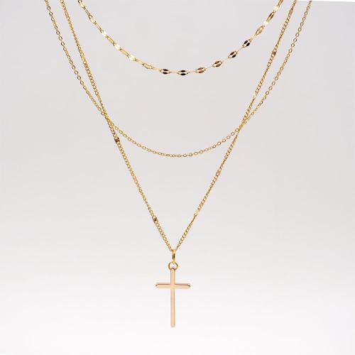 Titanium Steel Necklace Cross plated fashion jewelry & multilayer golden Sold By PC