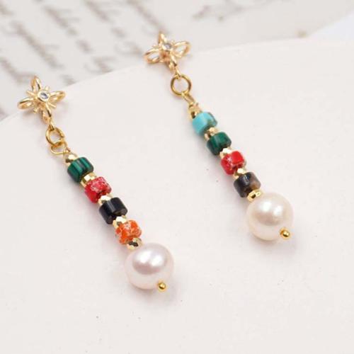 Natural Gemstone Earrings, Brass, with Gemstone & Freshwater Pearl, plated, fashion jewelry, golden, nickel, lead & cadmium free, 45mm, Sold By Pair
