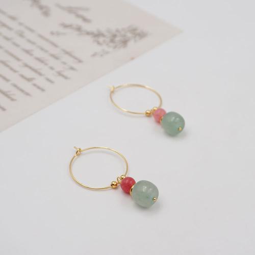 Natural Gemstone Earrings, Rhodochrosite, with Titanium Steel & Jade & Brass, plated, fashion jewelry, golden, 50mm, Sold By Pair
