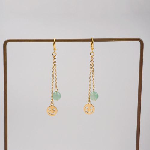 Natural Gemstone Earrings, Brass, with Jade & Titanium Steel, plated, fashion jewelry, golden, nickel, lead & cadmium free, 68mm, Sold By Pair