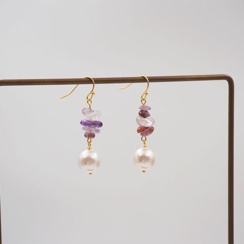 Edelstein Ohrringe, Messing, mit Edelstein & Kunststoff Perlen, plattiert, Modeschmuck, violett, frei von Nickel, Blei & Kadmium, 48mm, verkauft von Paar