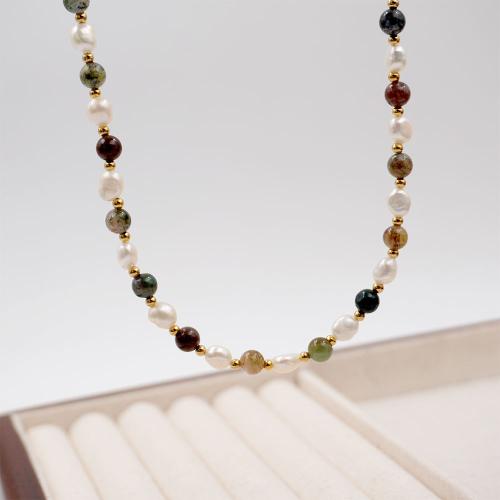 Titanium Steel Necklace, with Gemstone & Freshwater Pearl, with 6cm extender chain, plated, fashion jewelry, mixed colors, Length:46 cm, Sold By PC