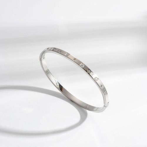 Titanium Steel Bracelet & Bangle Vacuum Ion Plating micro pave cubic zirconia & for woman silver color Sold By PC