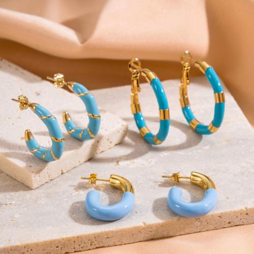 Titanium Steel  Earring Vacuum Ion Plating & for woman & enamel skyblue Sold By Pair