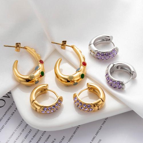 Titanium Steel  Earring, Vacuum Ion Plating, different styles for choice & micro pave cubic zirconia & for woman & enamel, more colors for choice, Sold By Pair