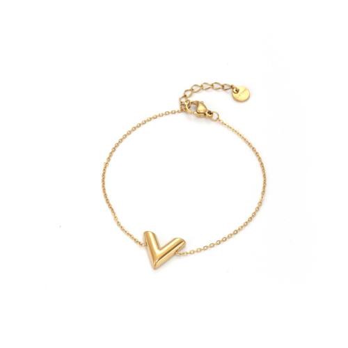 Bracelet d'acier titane, avec 5 chaînes de rallonge, coeur, pour femme, doré, Longueur Environ 15 cm, Vendu par PC
