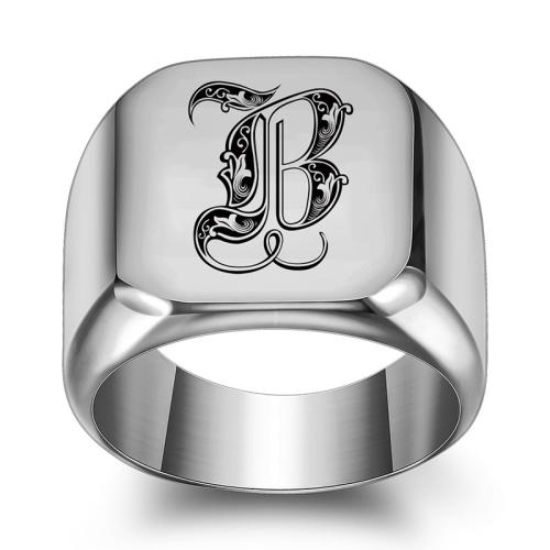 Titantium Steel finger ring, Titan Stål, polerad, bokstäverna är från A till ö & punk stil & olika storlek för val & olika mönster för val & för människan, ursprungliga färgen, Säljs av PC