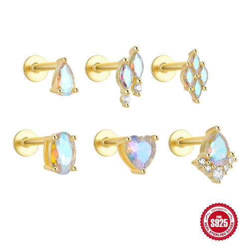 925 sidabro Piercing auskarai, su Moonstone, aukso spalva padengtas, įvairių stilių pasirinkimas & moters, Pardavė PC