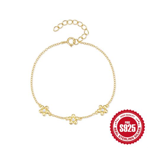 925 Sterling Silver Bracelet, with 1.18inch extender chain, Flower, gold color plated, micro pave cubic zirconia & for woman, Length:Approx 6.69 Inch, Sold By PC