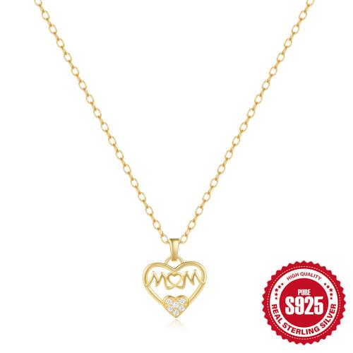925 Sterling Silver Necklace with 1.968inch extender chain Heart Mother Day Jewelry & micro pave cubic zirconia & for woman & hollow Length Approx 15.74 Inch Sold By PC