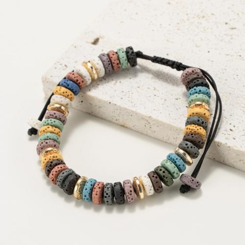 Gemstone Bracelets Lava with Knot Cord & Zinc Alloy Flat Round gold color plated Adjustable & fashion jewelry & Unisex mixed colors 3mm Sold By PC