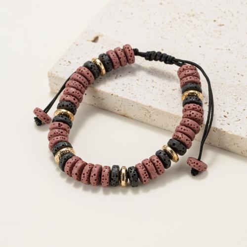 Gemstone Bracelets Lava with Knot Cord & Zinc Alloy Flat Round gold color plated Adjustable & fashion jewelry & Unisex mixed colors 3mm Sold By PC