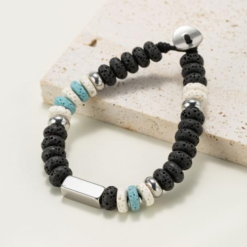 Gemstone Bracelets, Lava, with Titanium Steel & Tibetan Style, Flat Round, silver color plated, fashion jewelry & Unisex, mixed colors, Sold By PC