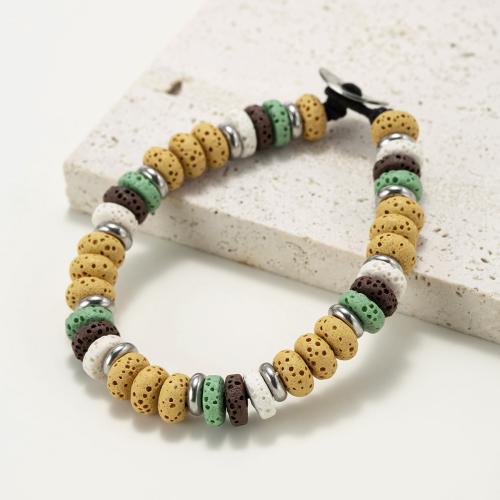 Bracelets de pierres précieuses, lave volcanique, avec Acier titane, Plat rond, bijoux de mode & unisexe, couleurs mélangées, Vendu par PC
