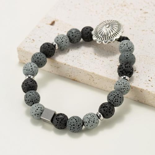 Gemstone Bracelets Lava with Titanium Steel & Zinc Alloy Round silver color plated fashion jewelry & Unisex mixed colors Sold By PC