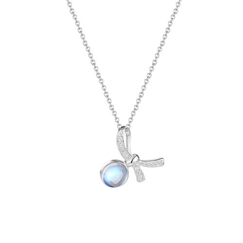 Cubic Zircon Micro Pave 925 Sterling Silver Necklace with Moonstone Bowknot fashion jewelry & micro pave cubic zirconia & for woman Sold By PC