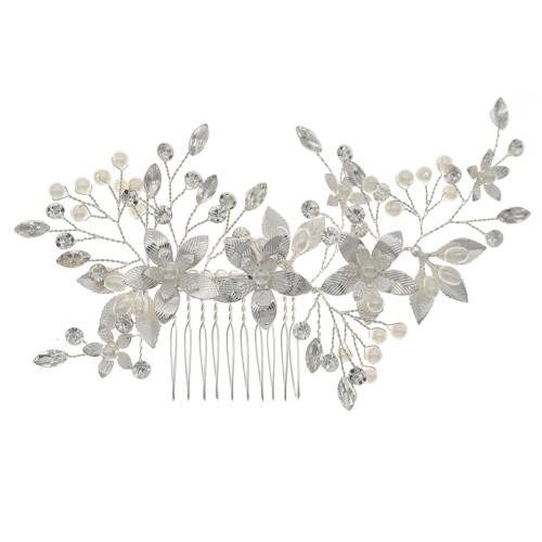 Decorative Hair Combs, Tibetan Style, with Plastic Pearl, fashion jewelry & for woman & with rhinestone, silver color, 150x70mm, Sold By PC