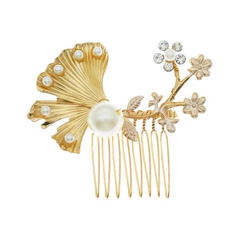 Decorative Hair Combs, Tibetan Style, with Plastic Pearl, fashion jewelry & for woman & with rhinestone, golden, 63x76mm, Sold By PC