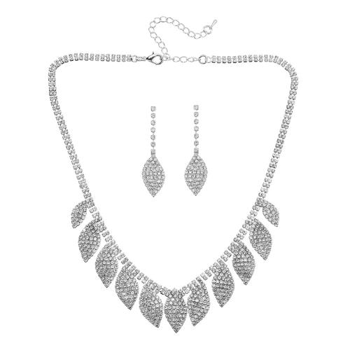 Conjuntos de joyería de aleación de zinc, pendiente & collar, 2 piezas & para mujer & con diamantes de imitación, plateado, Vendido por UD