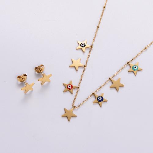 Enamel Stainless Steel Jewelry Set, Stud Earring & necklace, 316L Stainless Steel, with 5cm extender chain, Star, 2 pieces & for woman, golden, Length:Approx 40 cm, 6Sets/Bag, Sold By Bag