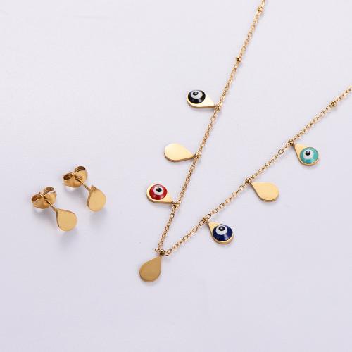 Fashion Stainless Steel Jewelry Sets Stud Earring & necklace 316L Stainless Steel with 5cm extender chain Teardrop 18K gold plated 2 pieces & for woman & epoxy gel golden Length Approx 40 cm Sold By Bag