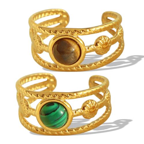 خاتم إصبع الفولاذ المقاوم للصدأ, 304 الفولاذ المقاوم للصدأ, مع فيروز & عين النمر, مجوهرات الموضة & للمرأة, ذهبي, حجم:7, تباع بواسطة PC