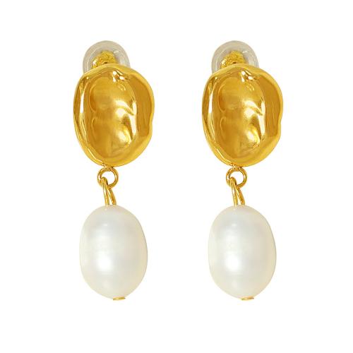 Boucles d'oreilles en perles d'eau douce, Acier inoxydable 304, avec perle d'eau douce cultivée, bijoux de mode & pour femme, doré, 25x9mm, Vendu par paire