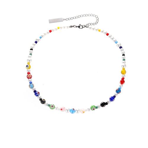 Lampwork Necklace Millefiori Lampwork with Glass Beads & 304 Stainless Steel with 8cm extender chain fashion jewelry & Unisex multi-colored Length 45 cm Sold By PC
