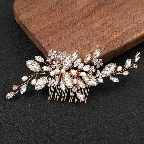 Decorative Hair Combs Brass with Plastic Pearl gold color plated for bridal & for woman & with rhinestone Champagne nickel lead & cadmium free Sold By PC