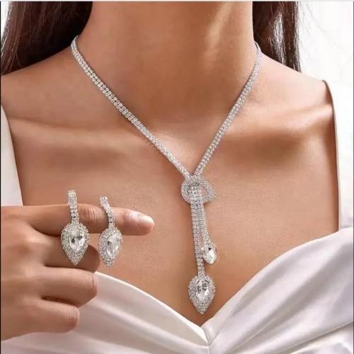 Brass Jewelry Set earring & necklace silver color plated 2 pieces & for woman & with rhinestone nickel lead & cadmium free Sold By Set